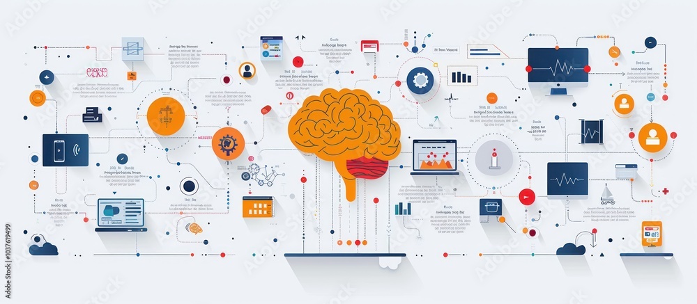 Poster brain with connecting lines and icons, representing an artificial intelligence concept, with many ic