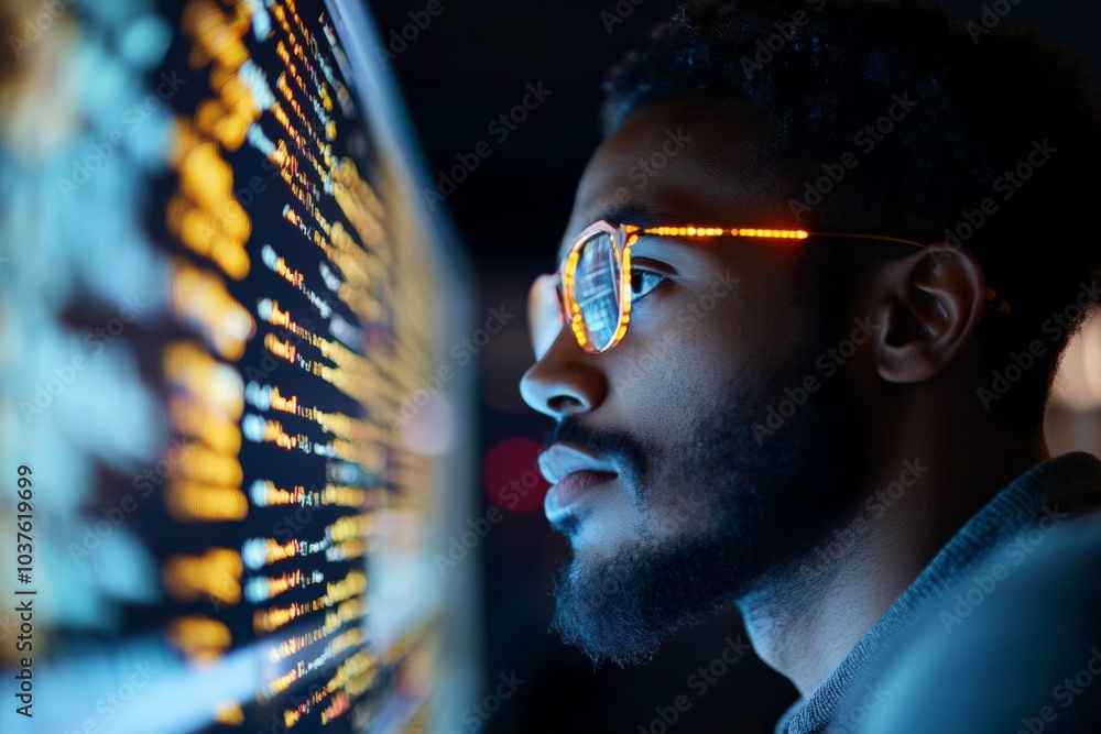 Poster a focused programmer with glasses coding on a bright computer screen, showcasing the essence of tech