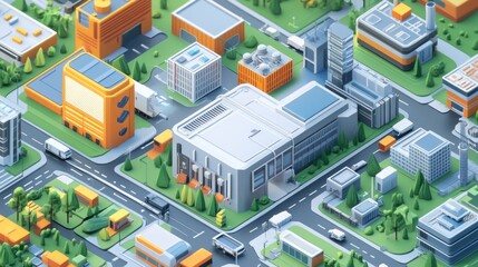 A stylized cityscape featuring buildings, roads, and vehicles in a vibrant, modern design.