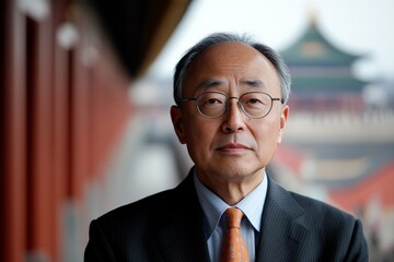 A serious man in a dark suit and glasses stands in front of a traditional building, representing professionalism and cultural sophistication with a historical ambiance.