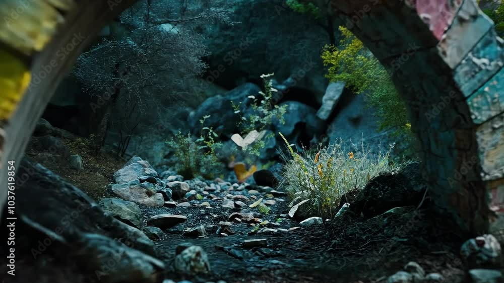 Poster a view through an archway of a rocky stream bed with greenery on either side