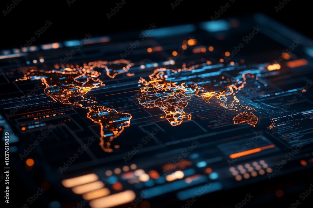 Poster a futuristic digital world map illuminated with glowing technological data points, symbolizing globa
