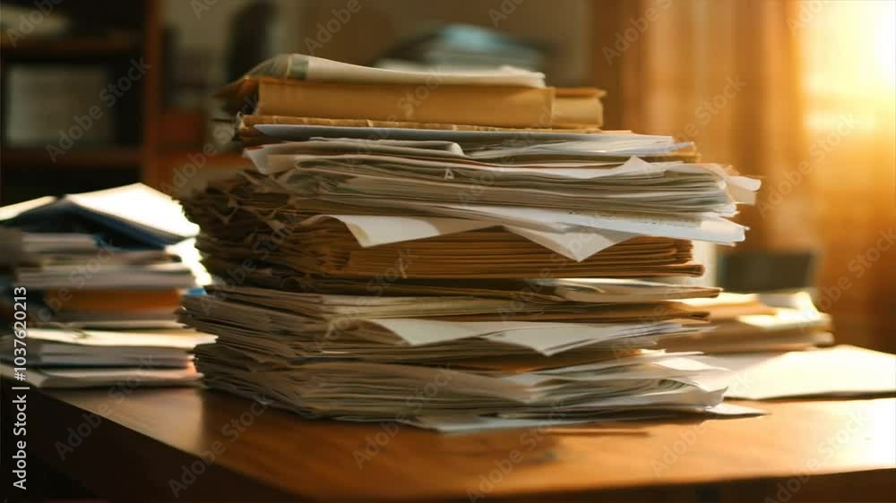 Poster organization of large stack of papers managing clutter in office workspace bathed in sunlight on woo