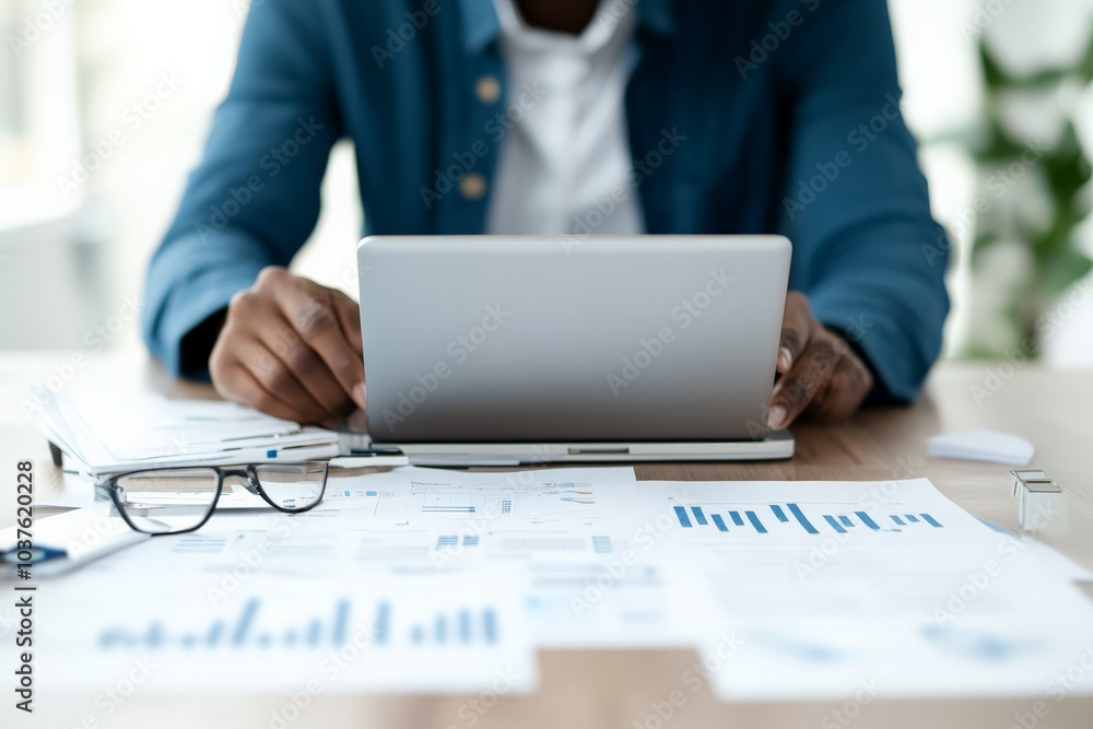 Poster a business professional in an office setting working on a laptop surrounded by analytical financial 