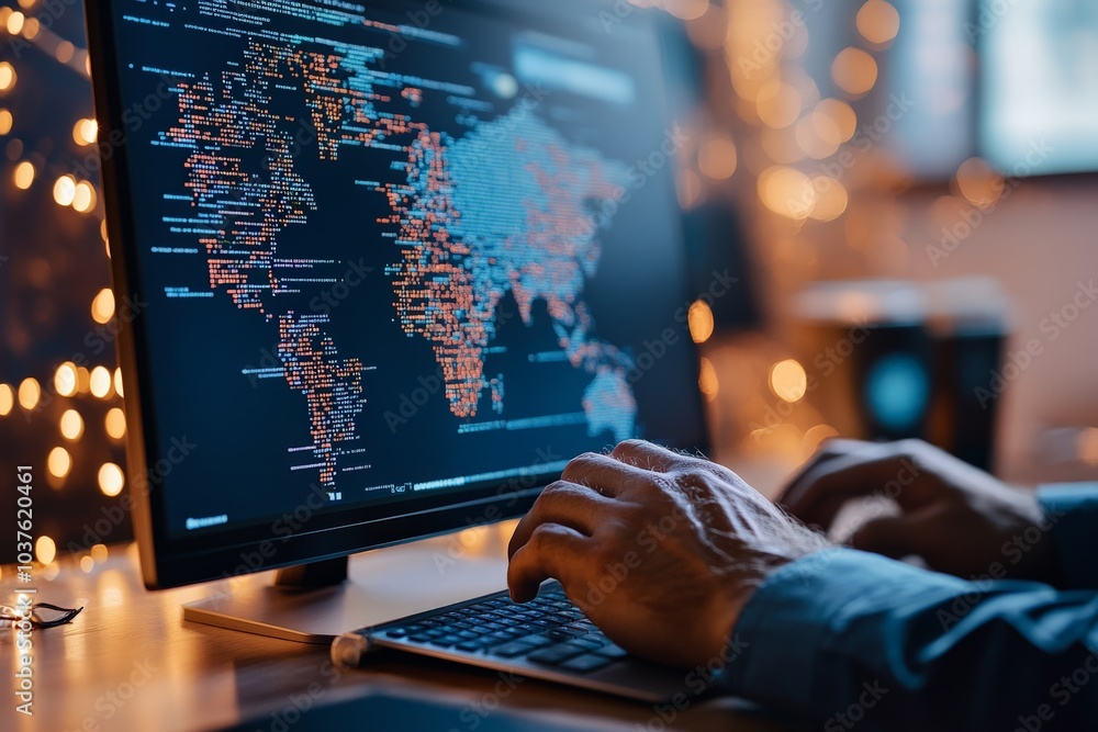 Poster hands type on a keyboard with a world map on a computer screen, symbolizing technology, global conne