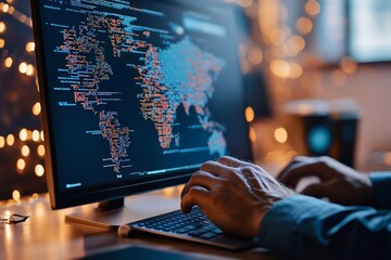 Hands type on a keyboard with a world map on a computer screen, symbolizing technology, global connectivity, and digital communication. Useful for tech themes.