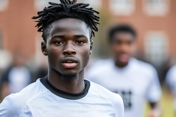 Fototapeta premium A youthful football player actively engaged on the field, showcasing skill and determination, embodying the spirit of sportsmanship, teamwork, and youthful energy.
