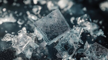 Obraz premium A close-up of ice cubes and crushed ice on a dark surface, showcasing their texture and clarity.