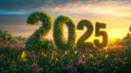 草花で飾られた2025と初日の出