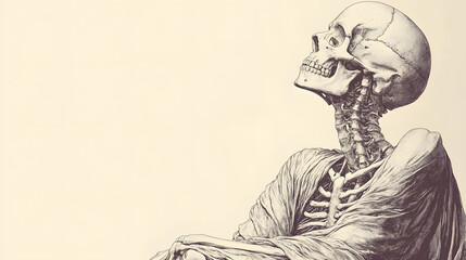 Fototapeta premium Detailed Anatomical Illustration of a Human Skeleton Looking Up, Displaying Bone Structure and Musculature