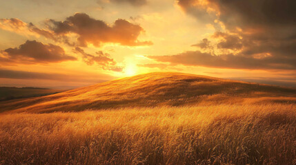 Obraz premium A golden hill bathed in the warm glow of sunset, creating a serene atmosphere.