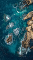 Majestic sea coast aerial view, dramatic rock stone blue, pristine nature wallpaper shore, expansive water landscape travel, stunning summer seascape