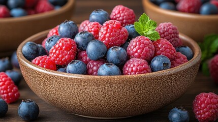 Deliciously fresh blueberries and raspberries in a rustic bowl
