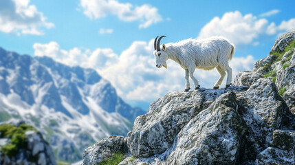 A goat climbing a rocky outcrop in search of food