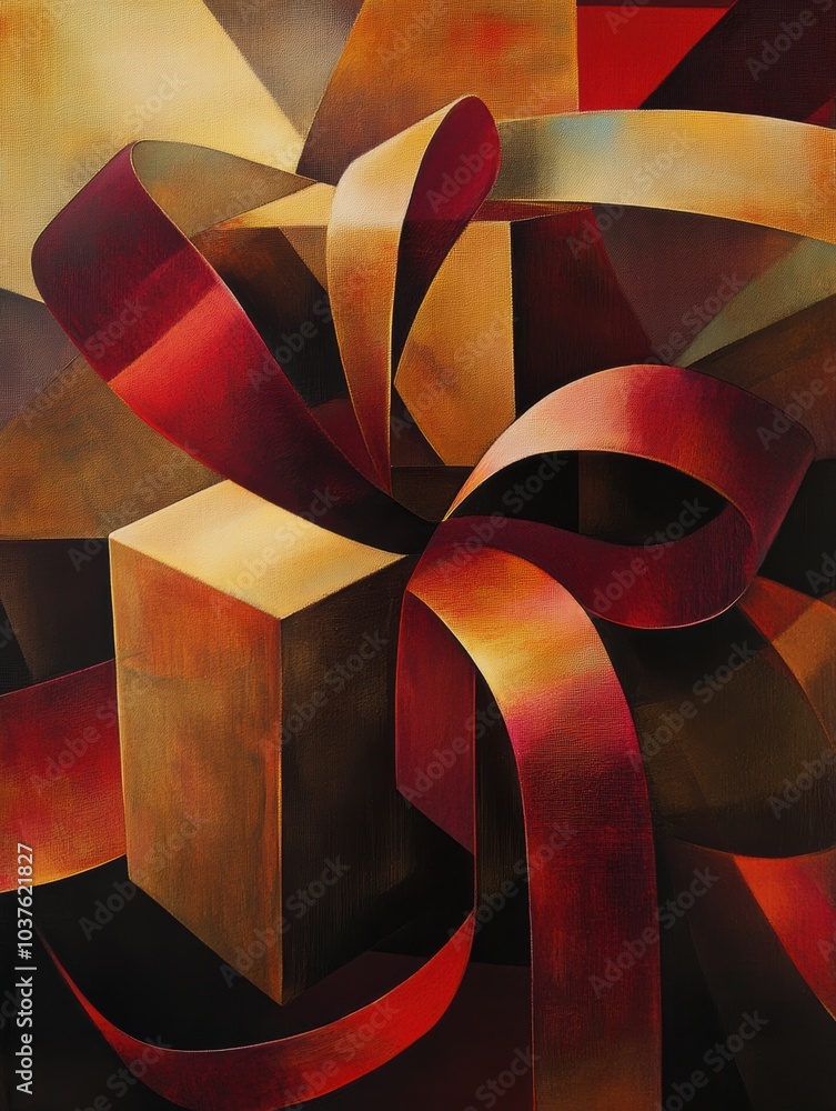 Poster abstract forms of gift boxes and ribbons intertwine in rich colors, evoking a sense of celebration a