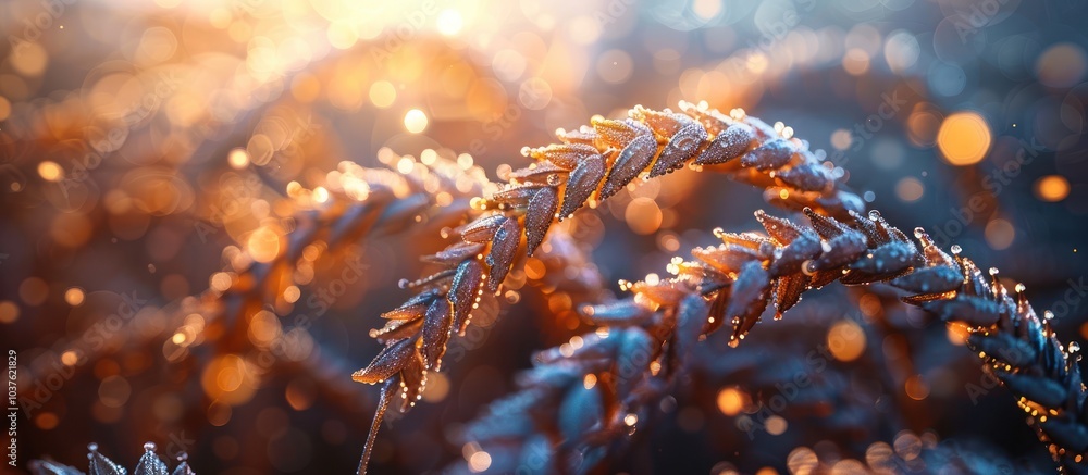 Poster close-up of a wheat stalk covered in frost with a bokeh background.