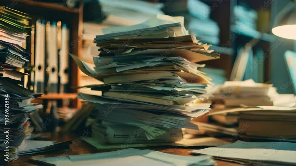 Poster cluttered workspace with stacks of papers and files creates chaos and disorganization, while warm li