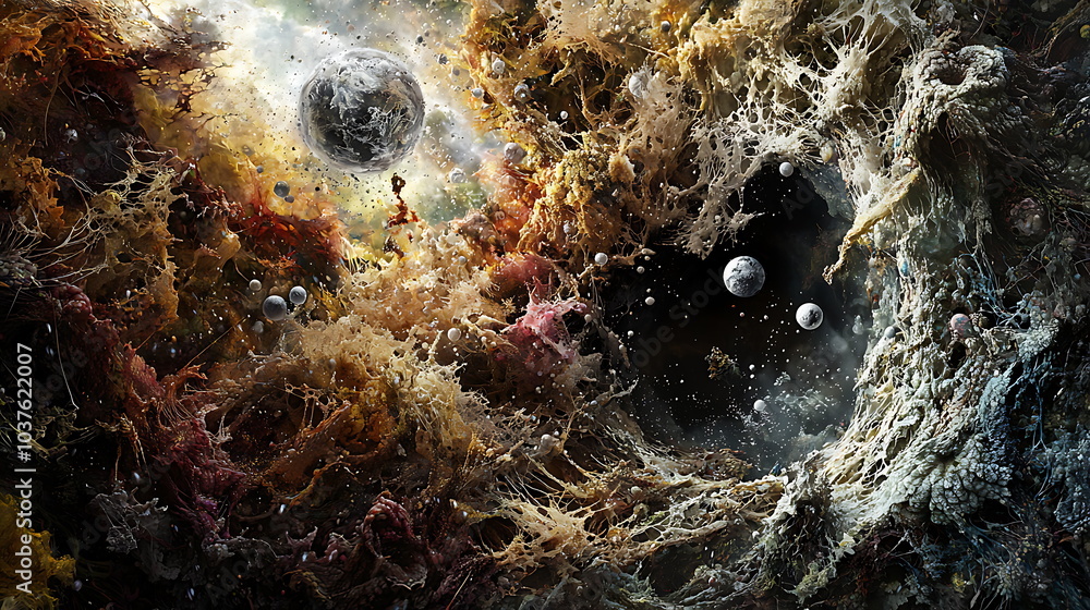 Aufkleber An exploration of an abstract cosmic scene with planets in a vibrant color palette capturing the essence of the universe's beauty and mystery