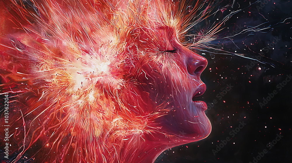 Poster a captivating abstract expression of emotional explosion captured in a human face radiating intense 
