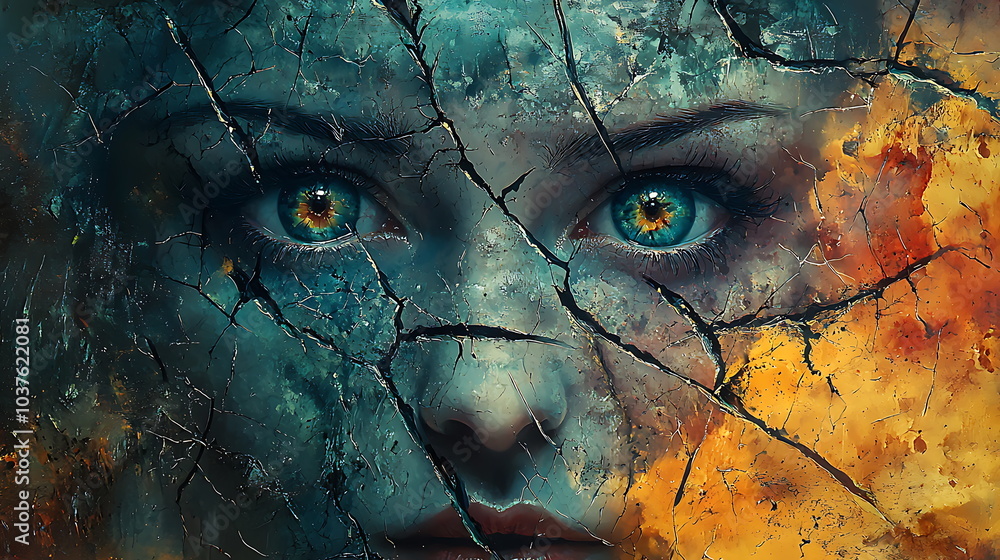 Poster vivid abstract face with cracked texture an exploration of emotion and color contrast in modern art