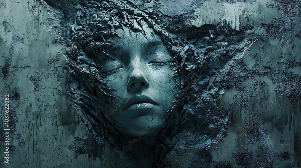 Poster An abstract representation of a face emerging from a textured surface symbolizing the depths of human emotion and identity