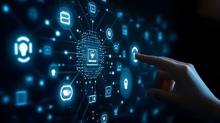 Fototapeta premium Hand touching a digital screen with icons of technology and online network connection, cloud storage, or security system on a dark blue background.