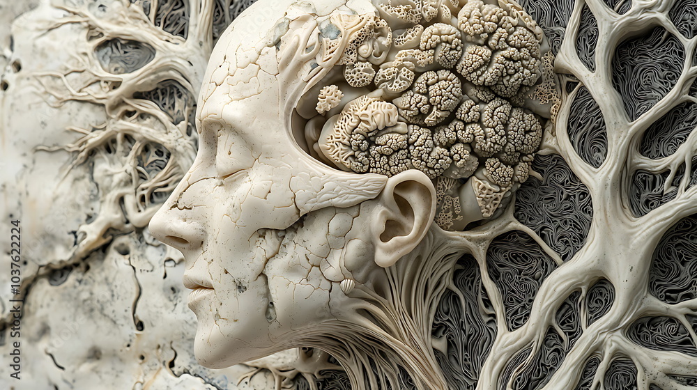 Poster Intricate abstract sculpture of a human head representing complexity and connection between mind and nature