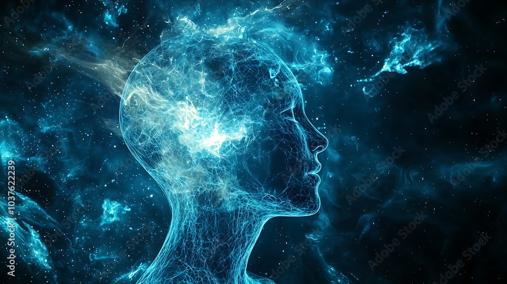 Aufkleber exploring the ethereal an abstract silhouette of a head pulsating with glowing blue energy in a cosm