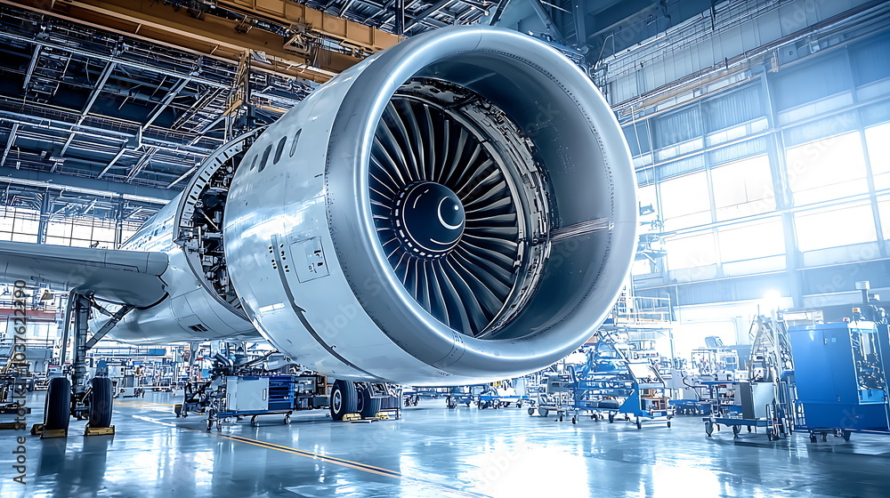 Poster exploring the intricacies of modern aircraft engines in a state-of-the-art maintenance facility a de