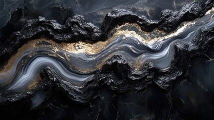 Fototapeta premium Captivating epoxy resin artwork showcases a striking interplay of obsidian black and platinum silver swirling patterns