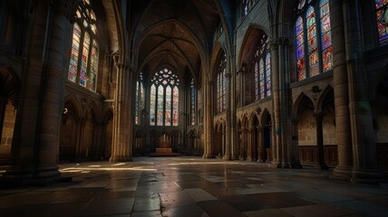 Interior of a cathedral with stained glass windows and stone walls.