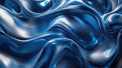 A mesmerizing 3D abstract design featuring swirling metallic forms in sapphire blue and bright silver with energetic reflections