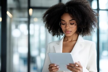 A focused businesswoman in a white suit and glasses is using a tablet, symbolizing technology's role in professional work and modern digital connectivity.