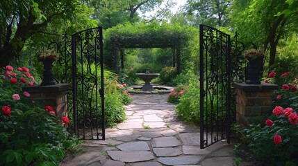 Discover a hidden garden sanctuary with an ornate iron gate, blooming roses, and a tranquil fountain