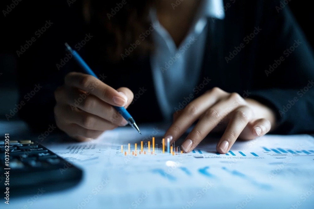 Poster hands of a person analyzing financial graphs and data on paper with a pen, highlighting focus and pr