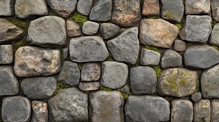 Obraz premium An ancient cobblestone wall of varied rounded stones and vibrant moss showcasing rustic charm and historical beauty