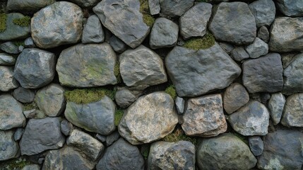 Fototapeta premium A rustic cobblestone wall showcasing rounded stones and lush moss, reflecting history and nature’s artistry in earthy tones
