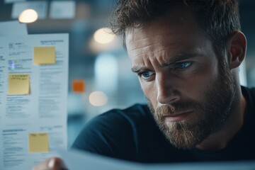 A determined individual closely examines documents pinned to a bulletin board, embodying focus, diligence, and the meticulous nature of thorough research or planning.