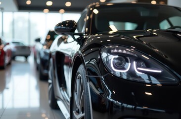 a close up view of a shiny black car in a showroom with other vehicles in the background