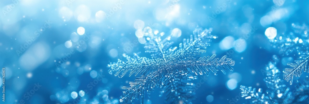 Poster intricate snowflakes sparkle against a deep blue backdrop, casting a magical ambiance reminiscent of