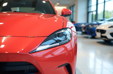 a close up view of a shiny coral car in a showroom with other vehicles in the background