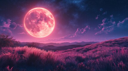 An enchanting landscape of glowing hills beneath a vibrant pink and purple moon lighting up alien flora at night