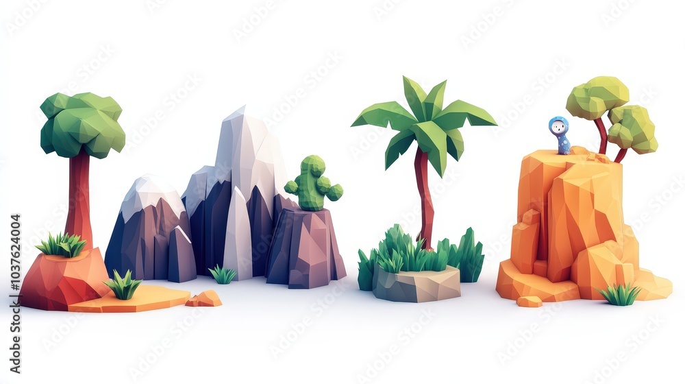 Poster whimsical flan icons set - minimalist game assets in low poly style for website design