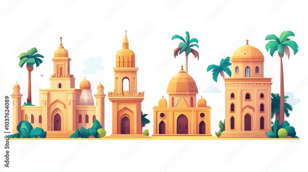 Poster playful and minimalist basbousa middle eastern icons set on white background in low poly game asset 