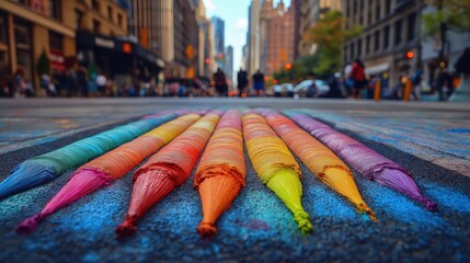 A creative sidewalk artist brings vibrant chalk drawings to life against a bustling city backdrop
