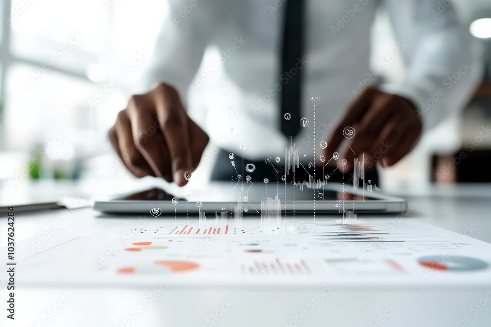 Poster a businessman examines data on a digital tablet surrounded by charts and graphs, symbolizing analysi