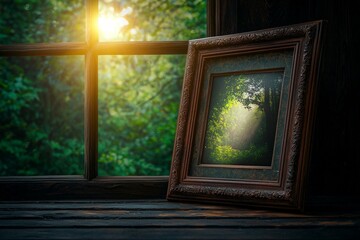 Fototapeta premium Antique Frame with Faded Photograph of a Forest