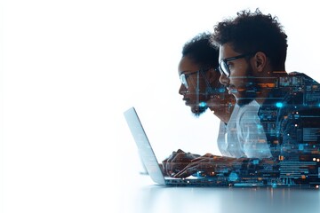 A man intensely focused on his laptop, with a digital overlay of tech-themed elements, representing technology and innovation in a twin-exposure style.