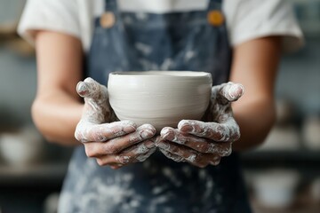 Two hands covered in clay hold a handcrafted pottery bowl, showcasing craftsmanship and attention to detail in an artisan studio environment.