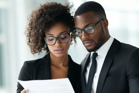 Two professional individuals in business attire closely review a document in a modern office, highlighting cooperation, teamwork, and shared objectives.